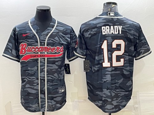 Men's Tampa Bay Buccaneers #12 Tom Brady Gray Camo With Patch Cool Base Stitched Baseball Jersey - Click Image to Close